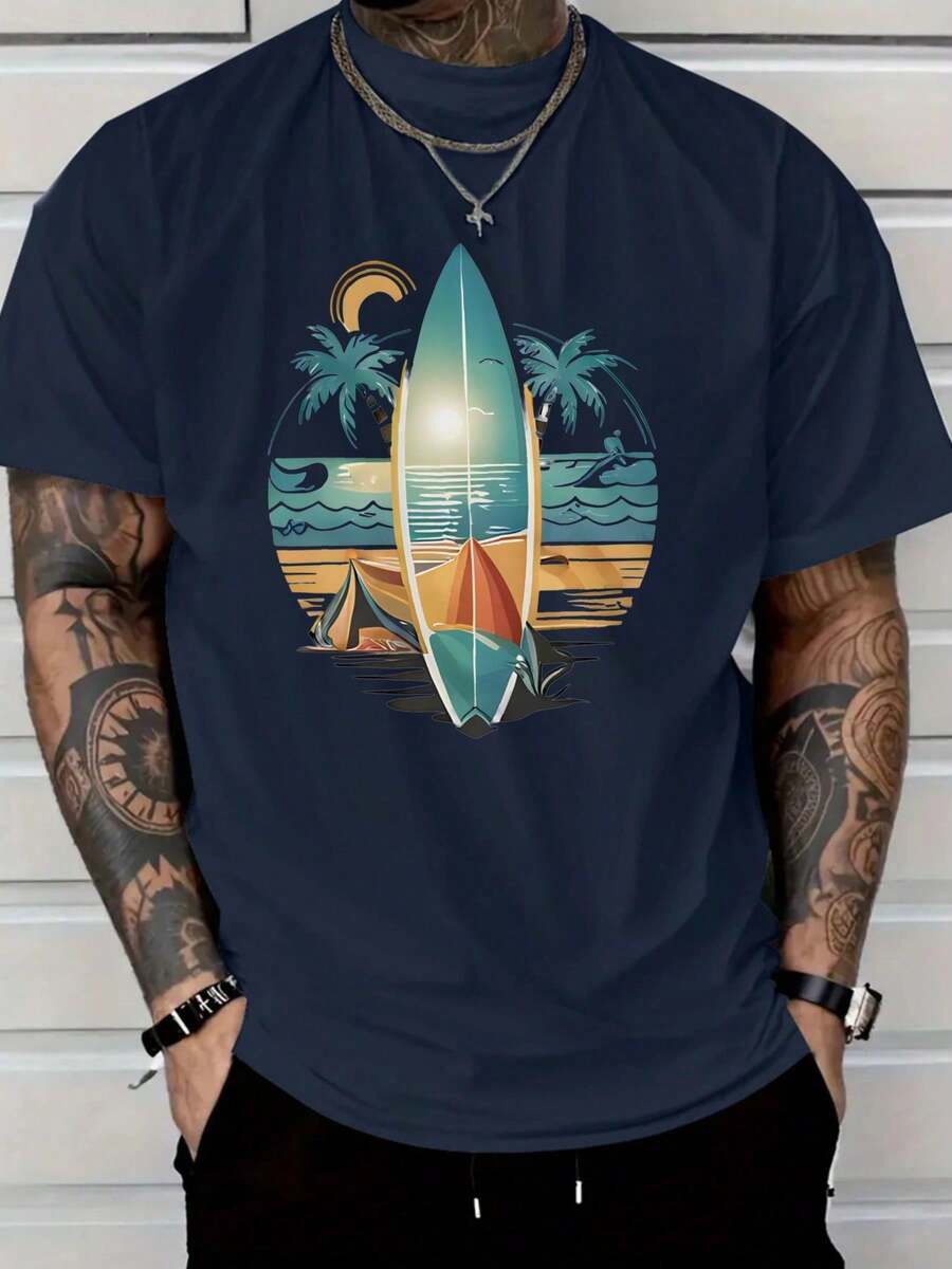 Camiseta Casual de Algodón para Hombre, Camiseta Gráfica de Surf Tropical para Hombre - Camiseta de Vacaciones en la Playa con Diseño de Palmeras y Tabla de Surf - Albaricoque - Ver 1