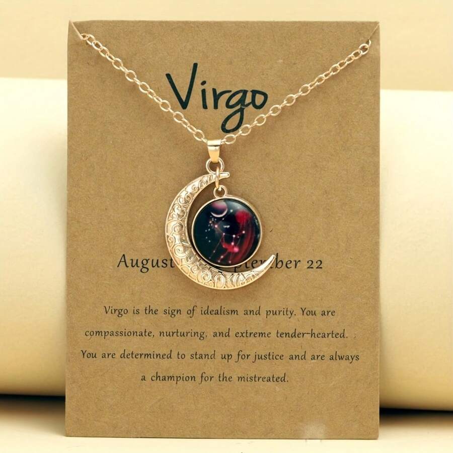 1 Retro Zodiac Moon Pendant Necklace That Glows In The Dark - Vintage Style, Zinc Alloy With Details, Adjustable Chain For Women - Ideal For Everyday Wear And Gifts - 金色處女 - 查看 1