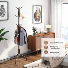 Freestanding Coat Rack, Hat Rack, Jacket Organizer, Metal, 18.3" L X 18.3" W X 71.5" H, White - Brown - View 3