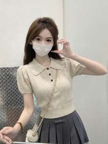 Peter Pan Collar Puff Sleeve Knit Sweater, Sweet Versatile Tops For Women, Summer New Arrival - Apricot - View 3