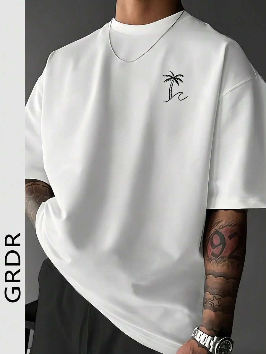 Camiseta de manga corta con cuello redondo y estampado de palmeras de moda para hombres GRDR, casual y - Blanco - Ver 1