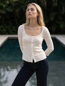 KSTM Women's Ribbed Knit Cardigan With Button Front And Scoop Neckline Three Quarter Sleeve Top - Apricot - View 1