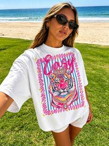Preppy Style Tiger Print T-Shirt, Casual Crew Neck T-Shirt, Women's Summer Clothes, Y2k Clothing, Streetwear, Women's Summer Outfits - 白色 2 - 查看 6