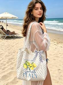 "Lemon Sorrento Italy" Pattern White Polka Dot Beach Tote Bag Set With Bow Ribbon, Large Capacity Foldable, Can Be Used As Shopping Bag, Travel Bag, Commuter Bag, Ideal For Beach Trips, Pool Parties, Shopping And Daily Use, Suitable For Women, Travelers And Beach Lovers, Perfect For Spring Break, Easter, Vacation And Gifts, Can Be Used As Beach Bag, Shopping Bag And Travel Companion - Multicolor - View 8