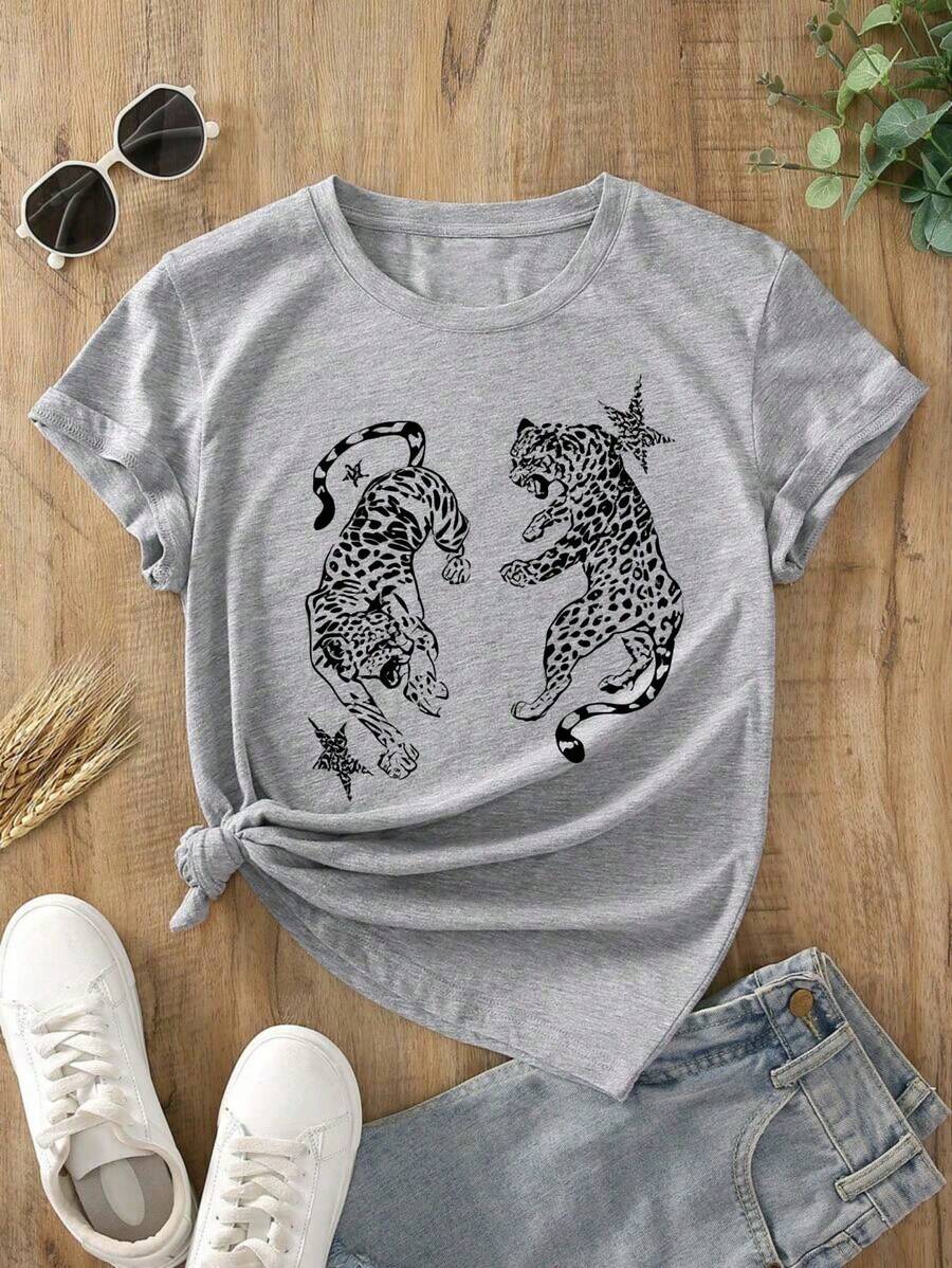 Camiseta de Algodón con Estampado Gráfico de Leopardo, Camiseta Casual Suave de Manga Corta 100% Algodón 220g - Gris Claro - Ver 1