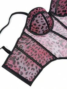 Sexy Leopard Print Patchwork Bra With Straps, High Quality Sheer Lace Mesh Corset With Boning. - 安哥拉紅色 - 查看 2