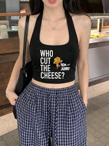 SHEIN X Tom & Jerry Printed Fitted Cute Halter Top - Comfortable Casual Cute, Fashionable Black Summer - Black - View 7