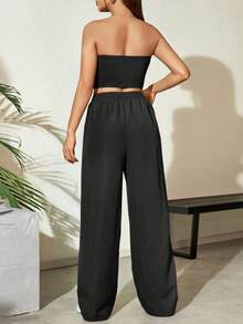 Conjunto de dos piezas informal holgado para mujer compuesto por top tubo con estampado de letras y pantalones plisados para verano - Rojo - Ver 3