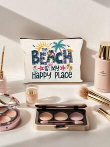 "Beach Is My Happy Place" Tropical Beach Theme Zipper Makeup Bag For Women, Portable Travel Toiletry Bag Organizer For Cosmetics And Toiletries, 6 Colors Available, Portable Organizer Bag, Beach Bag, Travel Bag, Travel Makeup Bag, Summer Vacation Accessory And Back To School Gift, Perfect For Birthday, Thanksgiving - Multicolor - View 10