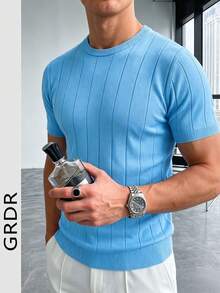 GRDR 男士纯色简约休闲圆领短袖针织衫 - 淺藍色 - 查看 5