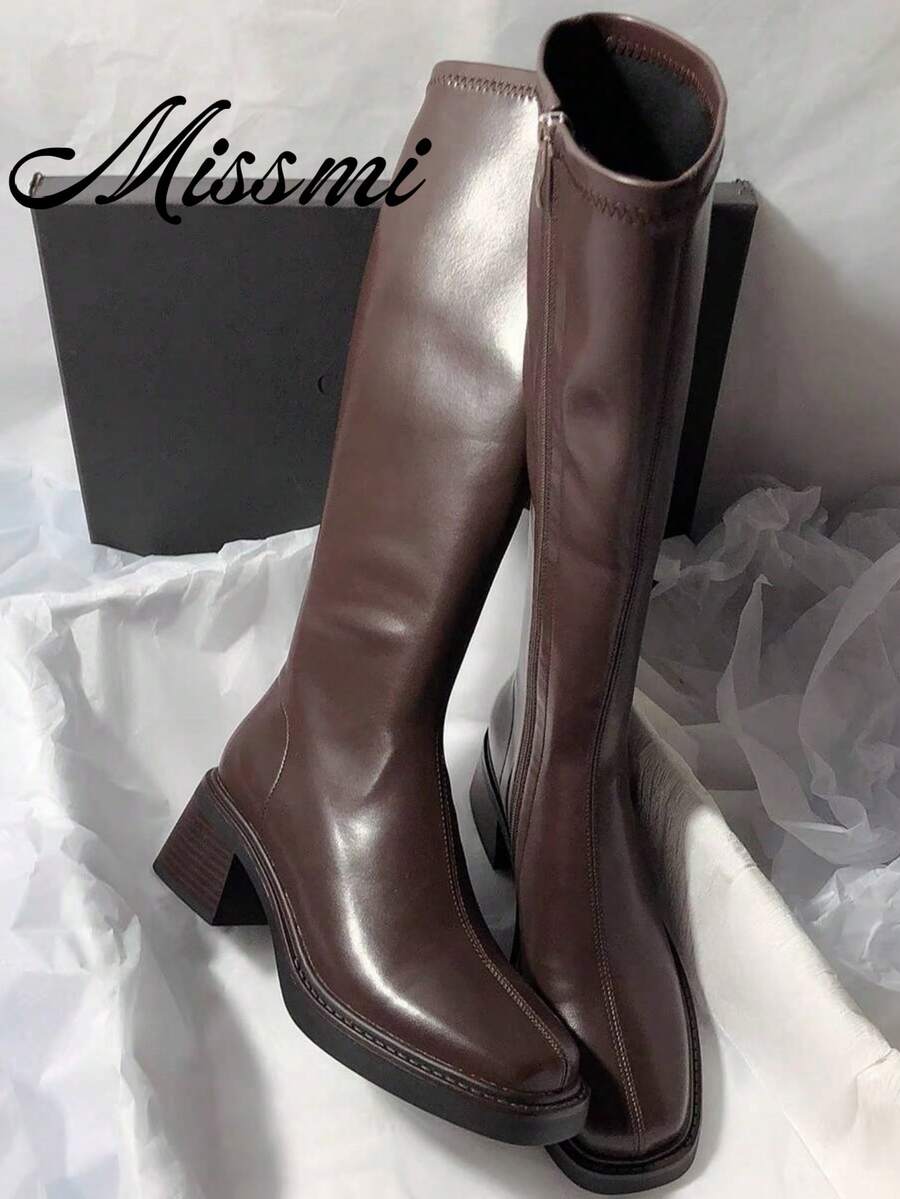Fall/Winter 2025 Chunky Heel Square Toe Solid Color Leather Stretch Over-The-Knee Slim Boots,Style With Sweater