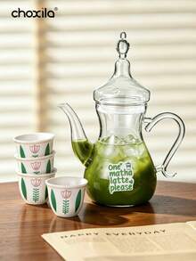 choxila 1 buah Teko Kaca Matcha, Gaya Arab, Teko Kaca Tahan Panas (Kapasitas 500ml/750ml), Dilengkapi 50 Stiker dan Cangkir Teh Motif Tulip 70ml, Cocok untuk Matcha Dingin, Teh Hijau, Seduh di Rumah dan Penggunaan Sehari-hari - MultiWarna - View 1