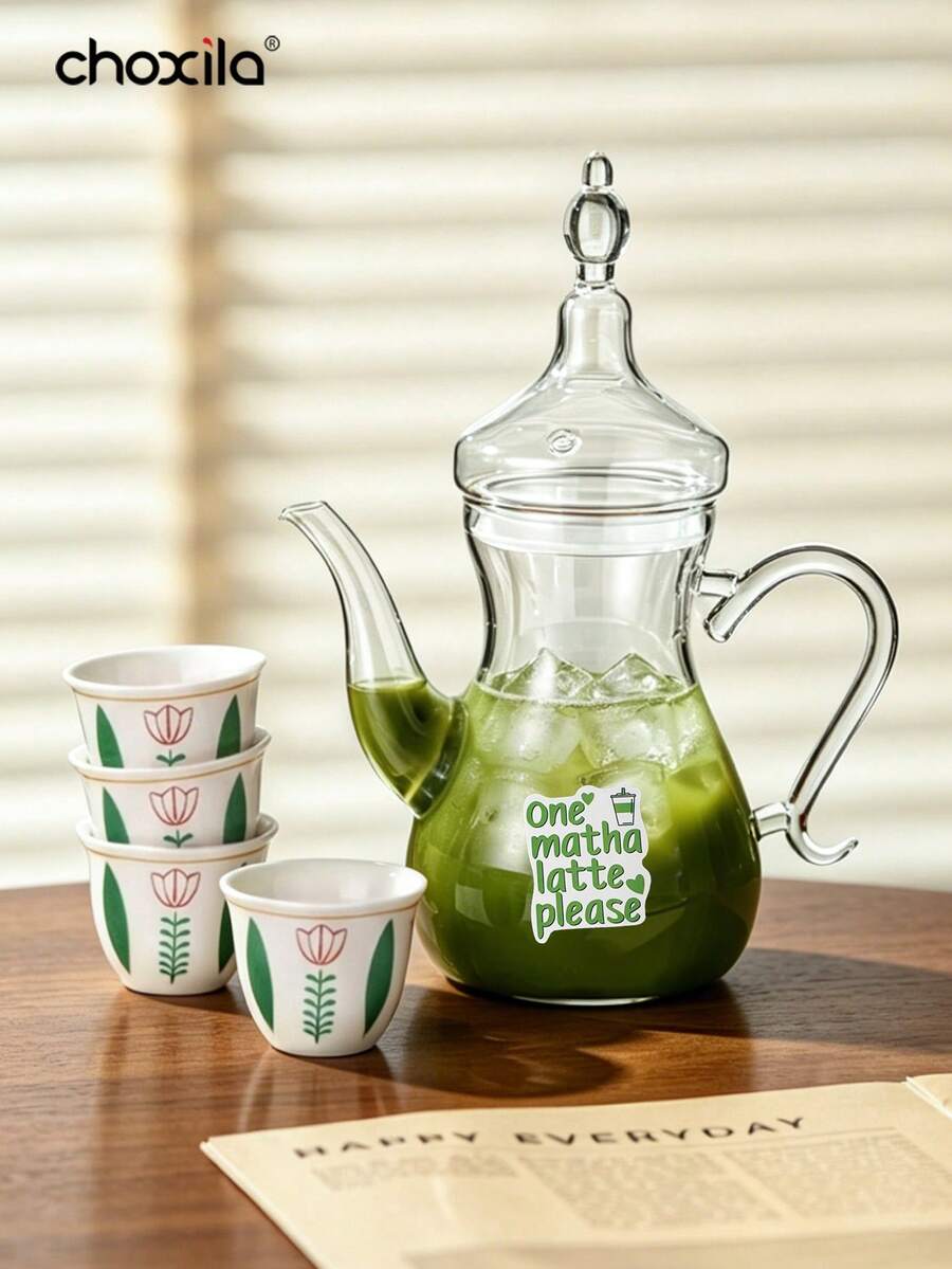 choxila 1 buah Teko Kaca Matcha, Gaya Arab, Teko Kaca Tahan Panas (Kapasitas 500ml/750ml), Dilengkapi 50 Stiker dan Cangkir Teh Motif Tulip 70ml, Cocok untuk Matcha Dingin, Teh Hijau, Seduh di Rumah dan Penggunaan Sehari-hari - MultiWarna - View 1