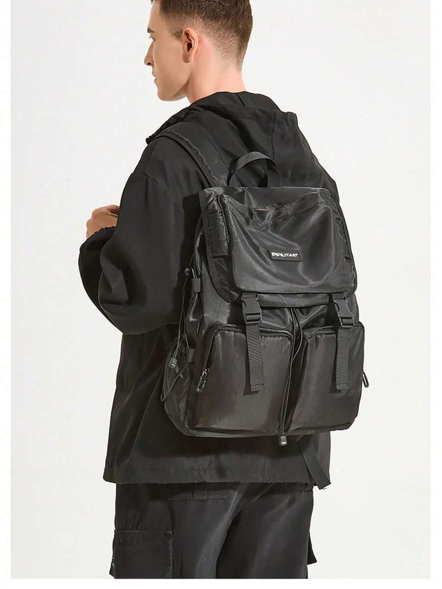 Zaino cargo nero impermeabile in nylon per uomo e donna, spazioso zaino casual per il tempo libero con coulisse e scomparti multipli, ideale per l'università, il campeggio e le gite di un giorno. - A - Visualizzare 1