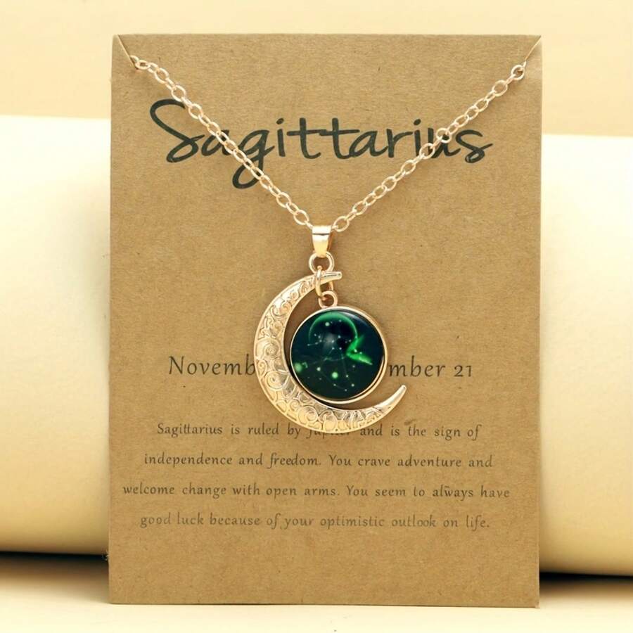 1 Retro Zodiac Moon Pendant Necklace That Glows In The Dark - Vintage Style, Zinc Alloy With Details, Adjustable Chain For Women - Ideal For Everyday Wear And Gifts - 金色射手座 - 查看 1