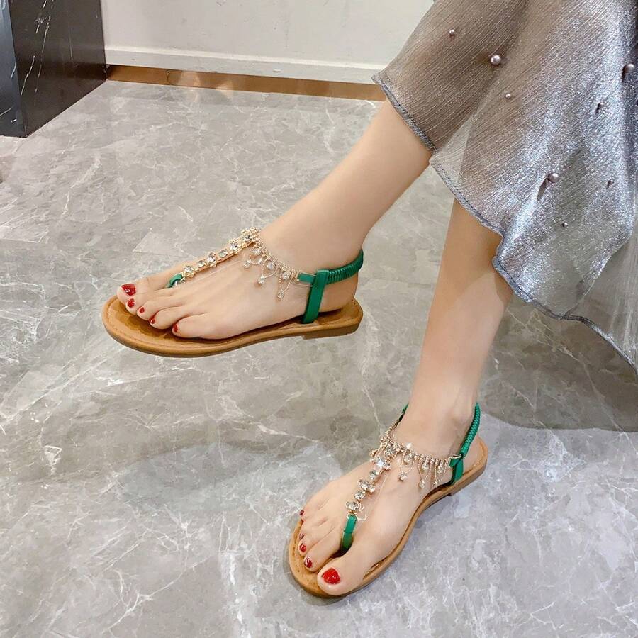 Women's Emerald Green Flat Sandals With Sparkling Rhinestones, Thimble Flip Flops With Elastic Back Strap, Elegant Shoes For Beach Parties And Casual Summer Wear - 706綠色 - 查看 1