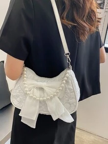 Bolso de mano con cadena de perlas de moda, bolso de hombro - Beis - Ver 4