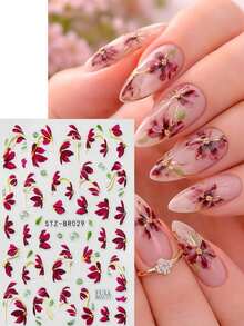 FULL BEAUTY 2pcs Burgundy Flower Vines Leaf Nail Art Stickers Red Elegant Watercolor Floral Petal With Gold Line Spring Summer Nail Decals Wedding Nail Supplies Nail Charms Decorations - Multicolor - View 5