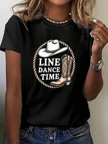 Camiseta de Mujer con Estampado de Sombrero de Vaquero LINE DANCE - Conjunto de Baile Lineal al Estilo Western, Manga Corta y Cuello Redondo, Top Casual para Verano y Primavera con Di - Negro - Ver 1
