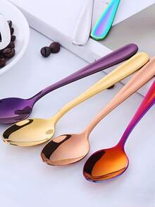 5pcs Colorful Stainless Steel Coffee Spoons, 14cm/5.51in, Colorful Small Tea Spoons, Ice Cream Spoons, Stirring Spoons, Rice Spoons, Dessert Spoons, Party Gathering Spoons, Tableware Set, Creative Gift, Dishwasher - Multicolor - View 5