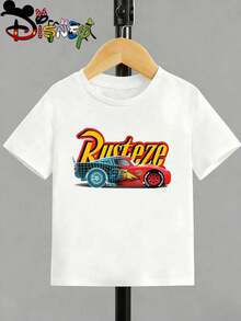 Cars Lightning McQueen Rusteze Blueprint Spec Front Back Dual Print Kids White Short Sleeve Disney Boys Casual Tee - 白色 - 查看 2