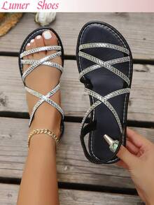 Women's New Rhinestone Flat Sandals, Fashionable Beach Casual Elastic Strap Sandals, Suitable For Matching Dresses, Available In White, Black, Green - Black - View 9