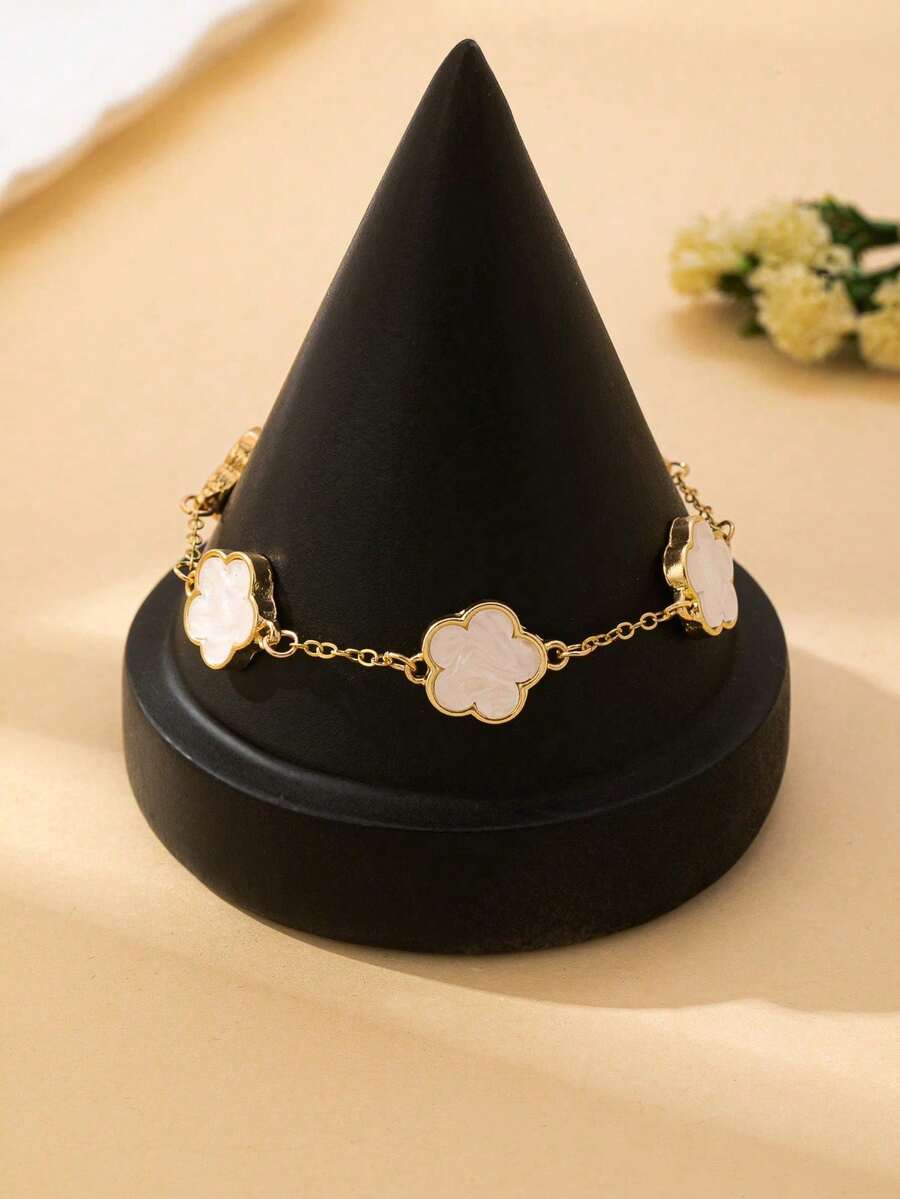 Set de 1 piezas de pulseras con dijes de trébol de colores a la moda, set de pulseras versátiles para mujer - Blanco - Ver 1