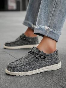 Men's Designer Pure Black Canvas Patchwork Striped National Flag Pattern Low-Top Casual Shoes, Versatile Comfortable Convenient Slip-On Loafers Boat Shoes - Black - View 8