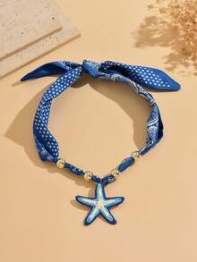 1pc Summer Ocean Print Scarf Choker Necklace With Woven Sea Star Pendant Elegant Women's Neck Jewelry Suitable For Beach Vacation, Party, Music Festival, Daily Versatile Wear - Multicolor - View 2