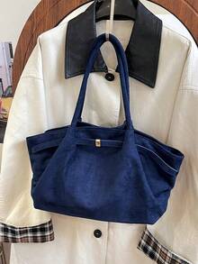 Dedoo 1個仿麂皮托特包，大容量素色女款手提包，成熟優雅風格，復古通勤包 - 藍色 - 查看 3