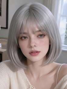 女款 12 英吋銀灰色直劉海假髮，時尚風格，適合 Cosplay 與各種活動 - 灰色 - 查看 4