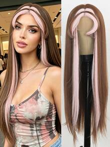 26 Inch Brown Highlighted Synthetic Straight Wig, No Bangs. Natural Machine-Made Straight Wig. Suitable For Women's Everyday Wear, Parties, And Holidays. (Hair Color: Multiple Colors Available), Halloween - Multicolor - View 13