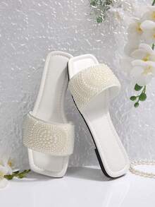 Sandalias planas de lujo para mujer Primavera/Otoño 2024, tacón bajo antideslizante talla grande con pedrería, pantuflas sin cordones, diseño versátil - Blanco - Ver 5