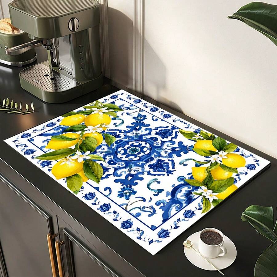 1pc Lemon Pattern Absorbent Drying Mat, Kitchen Decor Coffee Machine Mat, Hand-Drip Coffee Pot Draining Mat, Kitchen Floor Mat, Table Mat, Kitchen Countertop Dish Drying Mat, Breakfast Mat, Heat-Resistant Draining Mat With Non-Slip Backing, Diatomaceous Earth Draining Mat, Stain-Hiding, Super Absorbent Kitchen Draining Mat, Easy-To-Clean Dish Rack Mat, Perfect For Kitchen, Dining Table, Coffee Shop, Bar, Holiday, Party, Home Decor, Holiday Gift - Multicolor - View 1