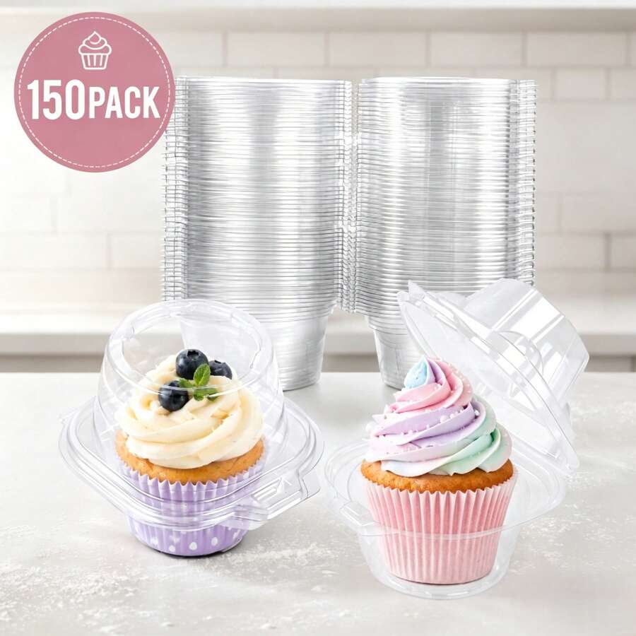 NPLUX 150 Pack Individual Cupcake Containers Plastic Cupcake Boxes Cupcake Holders Stackable Deep Dome Cupcake Carrier - 150 Pack Transparent - View 1