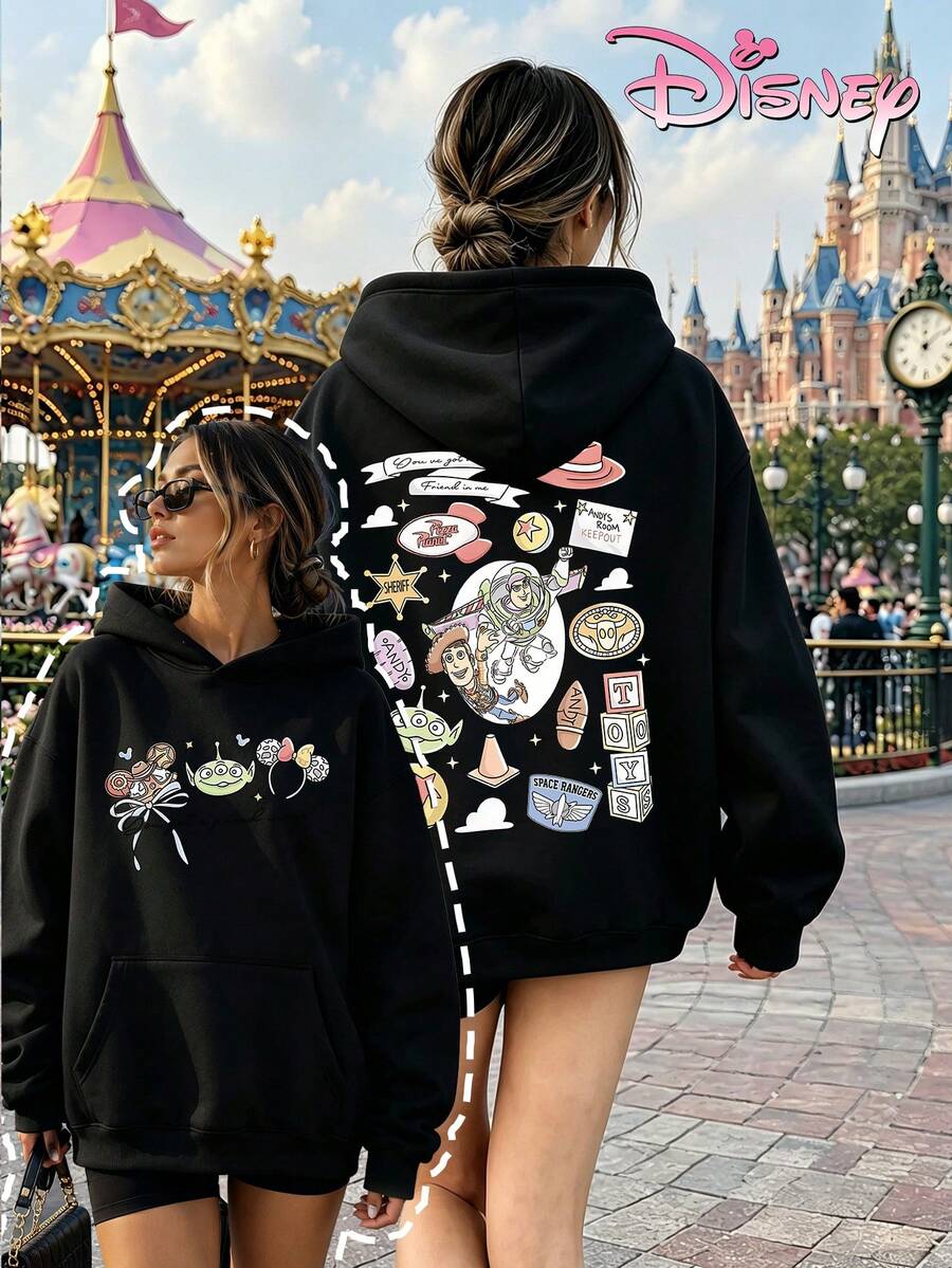 Disney Women's Hooded Sweatshirt, Unisex Sweatshirt, Hand-Painted Graffiti Buzz Woody Toy Story Sweatshirt, Retro Small Item Elements Double-Sided Print. - 黑色 - 查看 1