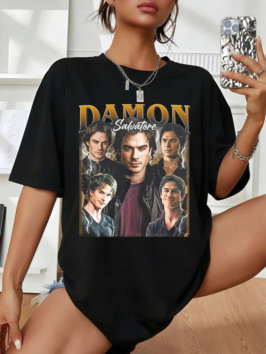 T-Shirt Vintage Bootleg Limitata Damon Salvatore Anni '90, T-Shirt Streetwear vintage Classica Damon Salvatore, T-Shirt Damon Salvatore Regalo per Donne e Uomini - nero - Visualizzare 1
