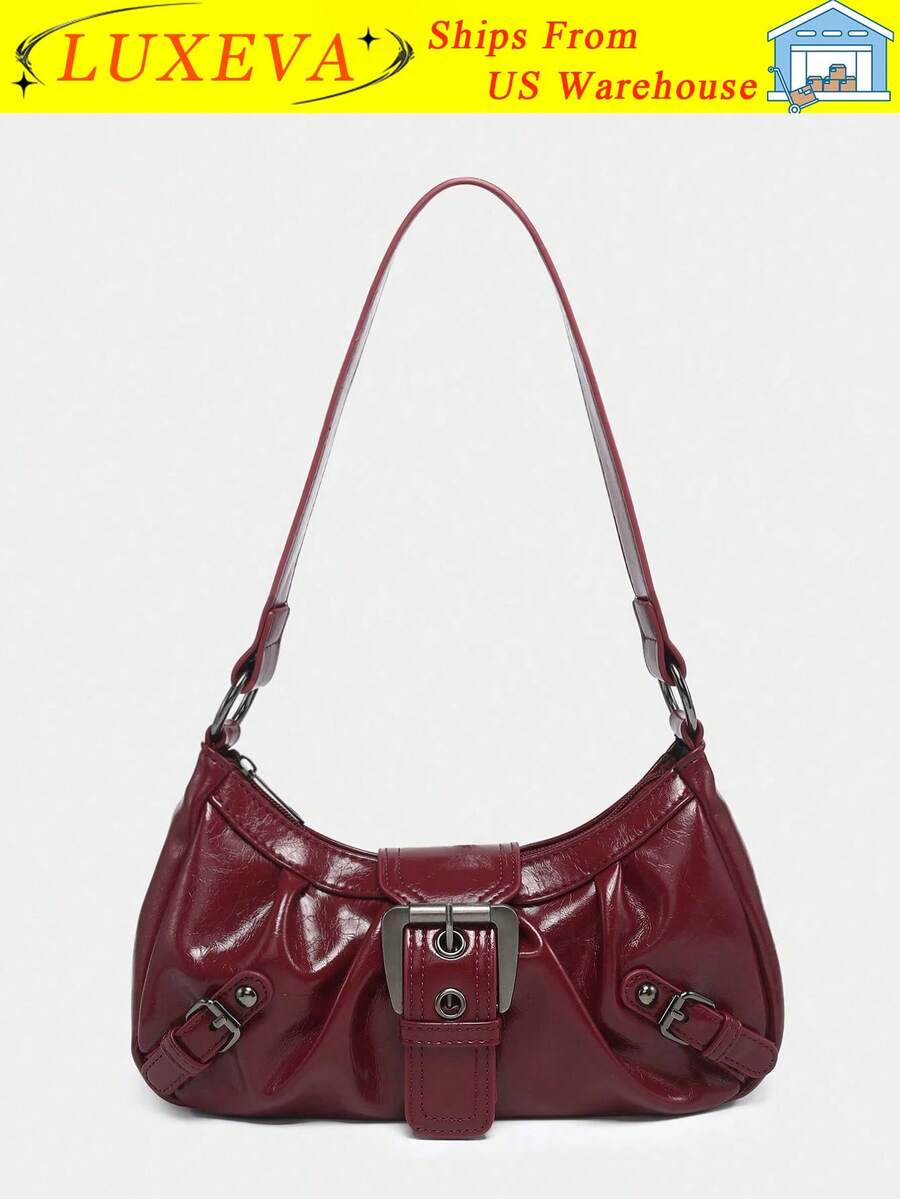 Y2K Vintage Soft Distressed Leather Motorcycle Bag With Rivet,Buckle,Pleated Cloud Decor,Shoulder/Underarm Bag,Suitable For Work,Commute,Date,Party - 酒紅色 - 查看 1