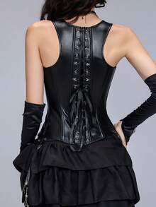 Dark Punk Style Corset Camisole With Multi-Button Front Zipper + Back Lace-Up Design, Suitable For Daily / Party / Halloween Outfits - Black - View 10