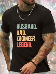 Camiseta para hombre con estampado "Esposo Papá Ingeniero Leyenda", diseño de bloques de color, cuello redondo transpirable, camiseta casual de ajuste cómodo para toda temporada para ingenie - Negro - Ver 1