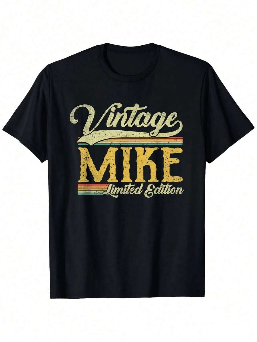Playera de hombre 100%algodón,cuello redondo con estampado Vintage MIKE Limited Edition en estilo retro desgastado y rayas coloridas, diseño casual vintage para uso diario,envío desde México - Negro - Ver 1