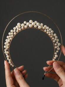 1pc Elegant Faux Pearl Decor Double Layer Halo Headband, Gold Wire Wrapped Angel Crown Bridal Tiara Hair Accessory For Wedding Masquerade Prom Party - Gold - View 7