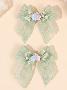 2pcs Green Floral Embroidered Lace Hair Clips, Delicate Embroidered Daisy Hair Clips, Sweet Forest Style Teen Hair Accessories, Spring/Summer - Mint Green - View 6