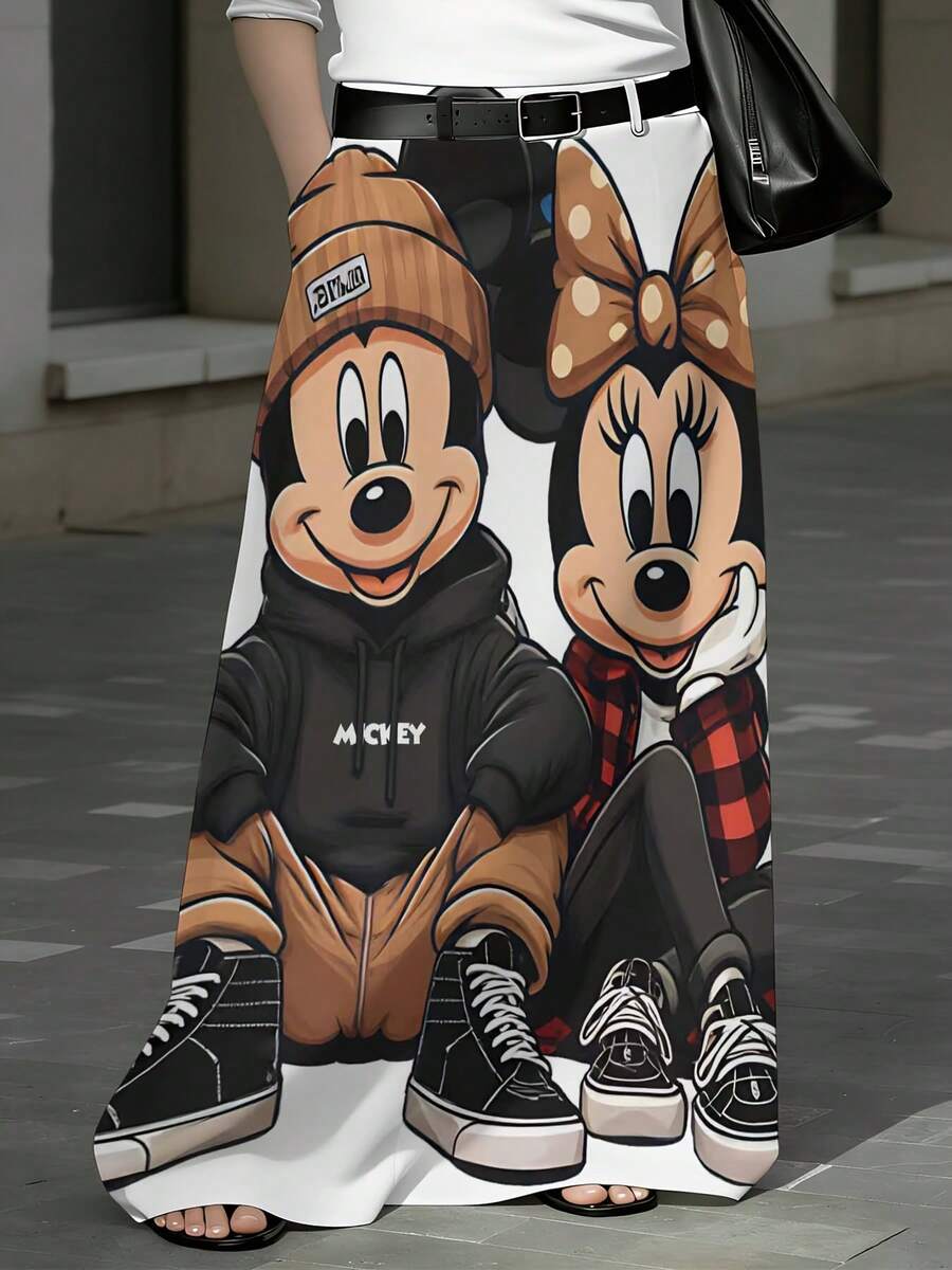 Disney, Mickey And Minnie Mouse Cartoon Print With Hoodie And Sneakers Design, No Waistband Midi Skirt, For Casual Outings And Streetwear Style - 彩色 - 查看 1