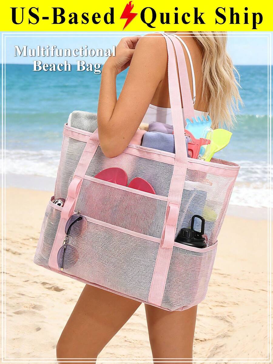 Mesh Beach Bag Large Tote Bag For Women Openwork Large-Capacity Swim Bag & Shoulder Bag Swimwear Storage Bag Foldable Handbag Toys Pool Bag Vacation