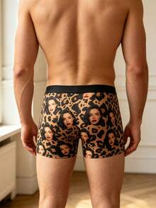 Men's Customized Boxer Briefs, Brown Leopard Print Base With Personalized Female Face Print, Paired With Solid Black Waistband - Multicolor - View 6