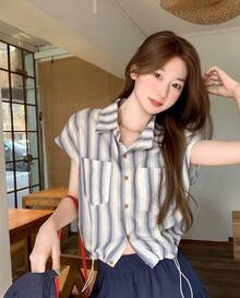 New For 2026: Chic Twisted Casual Color Block Top, Fashionable And Unique Striped Off-Shoulder Short-Sleeved T-Shirt (Women's) - Deep Blue - View 5