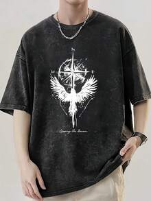 Camiseta de Verano para Hombre con Estampado de Patrón Direccional Free Bird, Manga Caída, Alta Calidad, Tejido Grueso, Tallas Grandes, Estilo Vintage Desgastado, Proceso de Lavado Puro, Cue - Verde - Ver 1