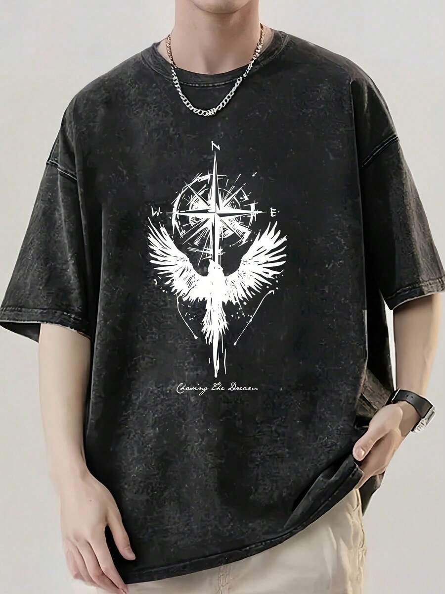 Camiseta de Verano para Hombre con Estampado de Patrón Direccional Free Bird, Manga Caída, Alta Calidad, Tejido Grueso, Tallas Grandes, Estilo Vintage Desgastado, Proceso de Lavado Puro, Cue - Verde - Ver 1