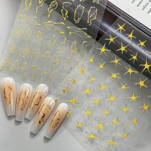 6張金屬金色美甲貼紙，6件3D Y2K火焰星形不對稱旋轉線自黏美甲貼花，3D青銅色抽象曲線條紋美甲貼紙，龐克美甲裝飾配件DIY美甲用品適用於派對日常 - 金色 - 查看 7